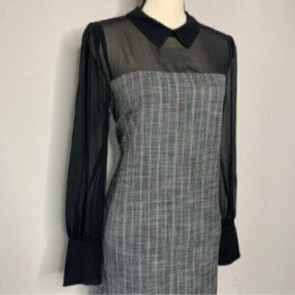 NWT BCBGeneration Black Sheer Sleeve Twill Plaid Pattern Dress - Picture 6 of 15